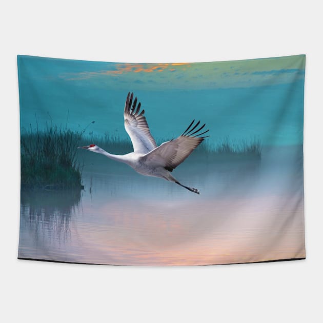 Sandhill Crane and Misty Marshes Tapestry by lauradyoung