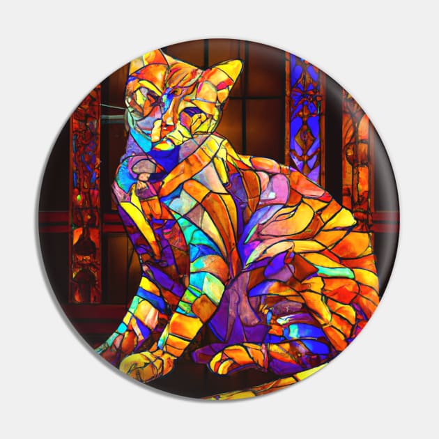 Stained Glass Cat Sitting in Front of a Stained Glass Window Pin by Star Scrunch