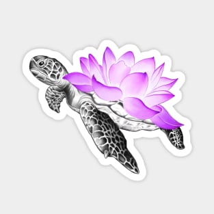 Detailed Sea Turtle with Neon Lotus Flower as Shell Magnet