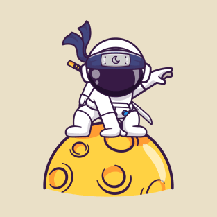 Cute Astronaut Ninja Landing On Moon Cartoon T-Shirt