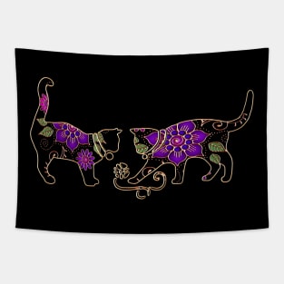 Cats Playing With Yarn With Gold Outline Tapestry