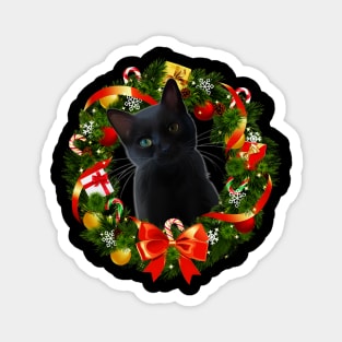 Funny Black Cat Christmas Wreath Ornament Magnet