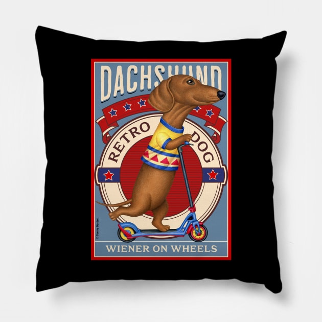 Cute Dachshund Retro Dog Wiener on Wheels Pillow by Danny Gordon Art