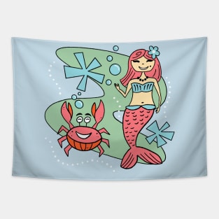 Cute Sweet Retro Mermaid Girl and Funny Crab Friend Tapestry