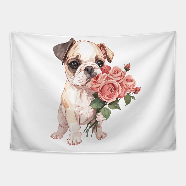 Valentine Bulldog Giving Flowers Tapestry by Chromatic Fusion Studio