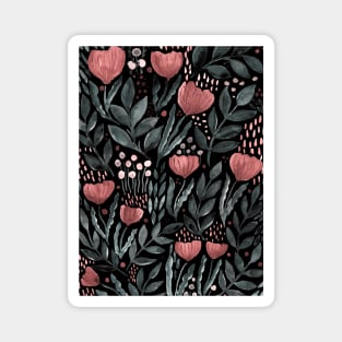 Watercolor flower garden -  dusty pink and grey on dark background Magnet