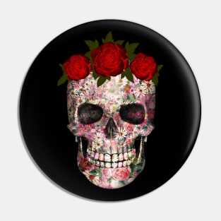 Floral skull with red roses crown Pin