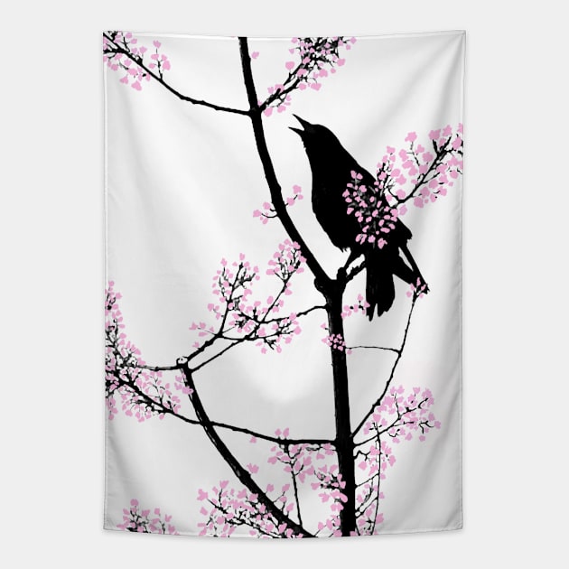 Cherry Blossom Raven - Bird on a Tree Branch Tapestry by RhondaChase