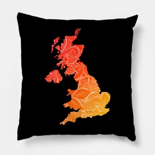 Colorful mandala art map of United Kingdom with text in red and orange Pillow