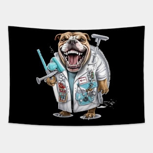 an English Bulldog wearing a dentist's coat and holding a dental drill Tapestry