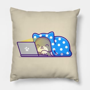 Cute Cat Watching Movie On Laptop With Blanket Pillow