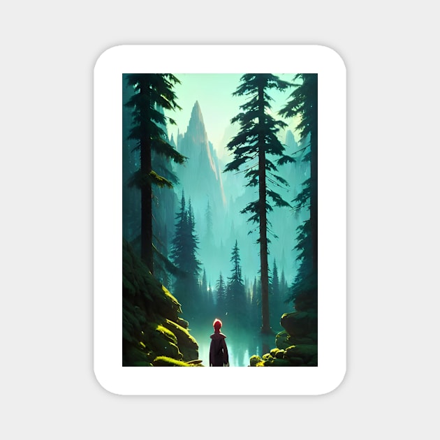 Greenish Anime Girl Nature Forest River Landscape Magnet by Trendy-Now