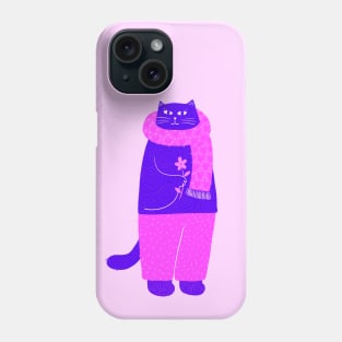 Cute purple cat with pink scarf and flower Phone Case