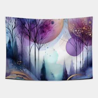 Abstract Watercolor Trees Purple and Gold Tapestry