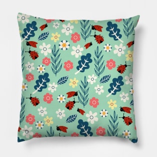 Spring meadow in bloom with ladybirds on green background Pillow