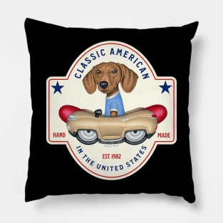 Cute Doxie Dog driving retro classic hotdog car on Dachshund Classic American Pillow