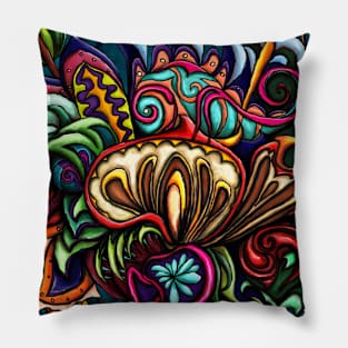 Colorful abstract chameleon, lizard on red mushroom painting Pillow