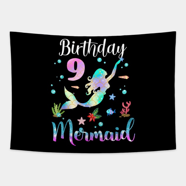 9 Years Old Birthday Mermaid Happy 9th Birthday Tapestry by Vintage White Rose Bouquets