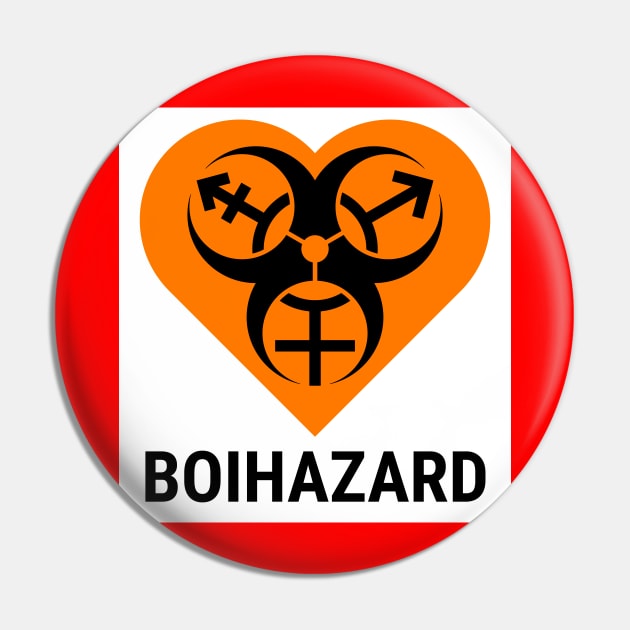 "BOI HAZARD" Heart - Label Style - Safety Orange Pin by GenderConcepts