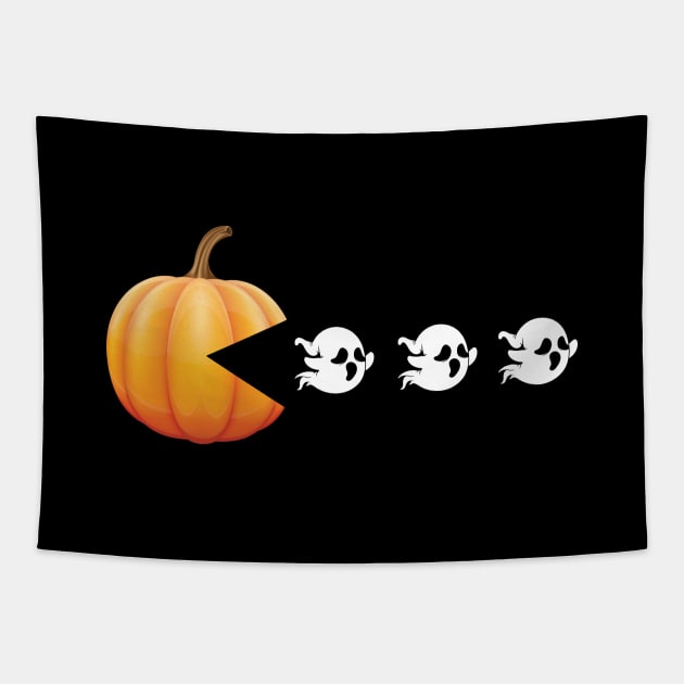 Funny Pumpkin Chasing Ghosts - Retro Video Game Tapestry by zeeshirtsandprints