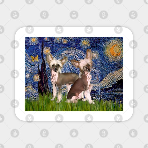 Two Chinese Crested in an Adaptation of Van Gogh's Starry Night Magnet by Dogs Galore and More