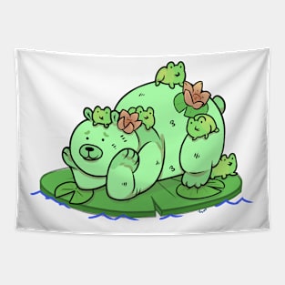 Bubbles the Bear Lounging with Frog Friends Tapestry