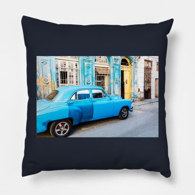 Blue Car In Old Havana, Cuba Pillow by tommysphotos