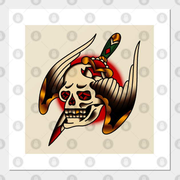 american traditional pierced winged skull tattoo design tattoo posters and art prints teepublic au