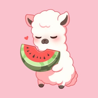 Adorable Kawaii Llama Savoring Sweet Watermelon Delight T-Shirt