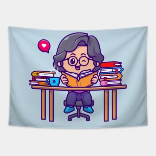 Cute Girl Reading Book Cartoon Tapestry