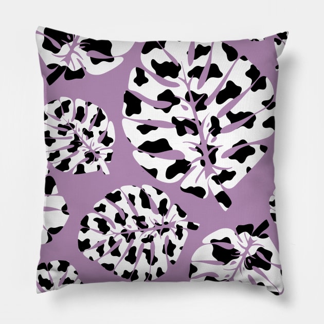 Monstera leaves with cow print Pillow by Anita Lourenso