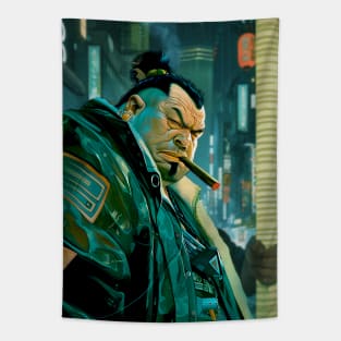 Puff Sumo 2: Smoking a Fat Cigar in a Dystopian City Scene on a Dark Background Tapestry