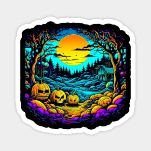 Trippy Night of the Pumpkin Patch And Hut, Halloween Magnet