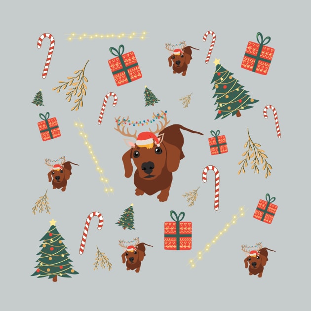 Dachshund Dog with Reindeer Ear and Christmas Decorations such as Tree, Gift, Mistletoe or Candy Cane by Seasonal Dogs