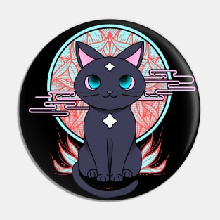 Cute anime black cat illustration with white stars. Cyberpunk manga cat. Pin