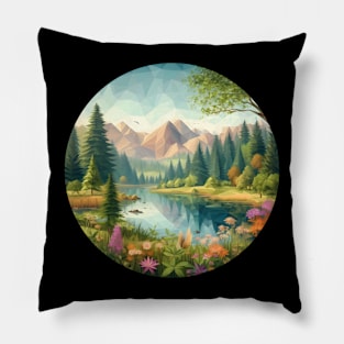 Low Poly Spring Forest with Lake, Flowers and Mountains Pillow