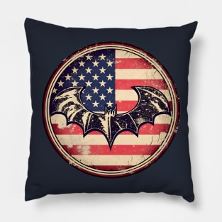 Black bat silouhette on a distressed american flag Pillow