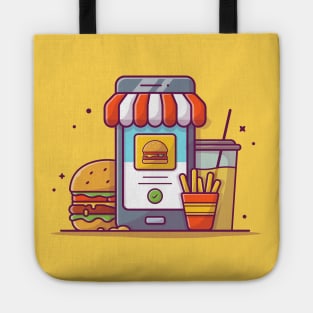 Handphone, Burger, French Fries, And Drink Cartoon Tote