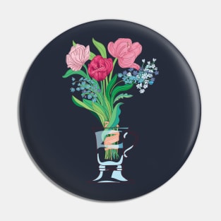 Three tulips and Spring flowers in a tea cup, glass jar Pin