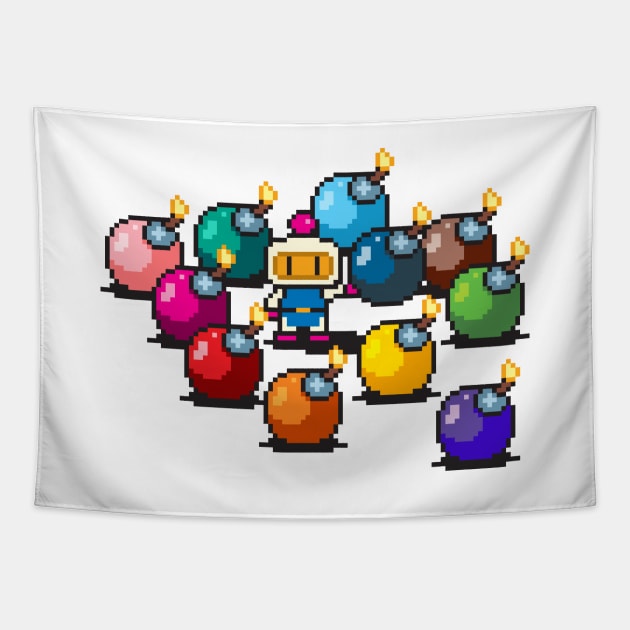 Bomberman rainbow bombs pixel art Tapestry by PXLFLX