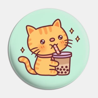 Cute Tabby Cat Drinking Bubble Tea Pin