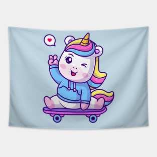 Cute Unicorn Waving Hand On Skateboard Cartoon Tapestry