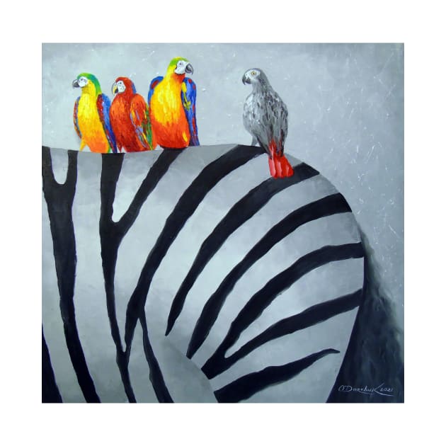 Parrots on zebra by OLHADARCHUKART