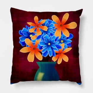 Vase of Blue and Orange Flowers Pillow