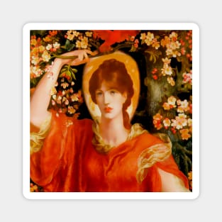 Red-haired girl in red clothes in the garden with flowers Magnet