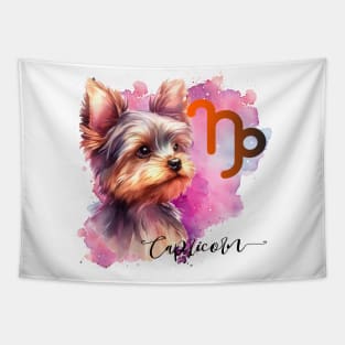 Capricorn Zodiac Sign Cute Yorkshire Terrier Watercolor Art Tapestry