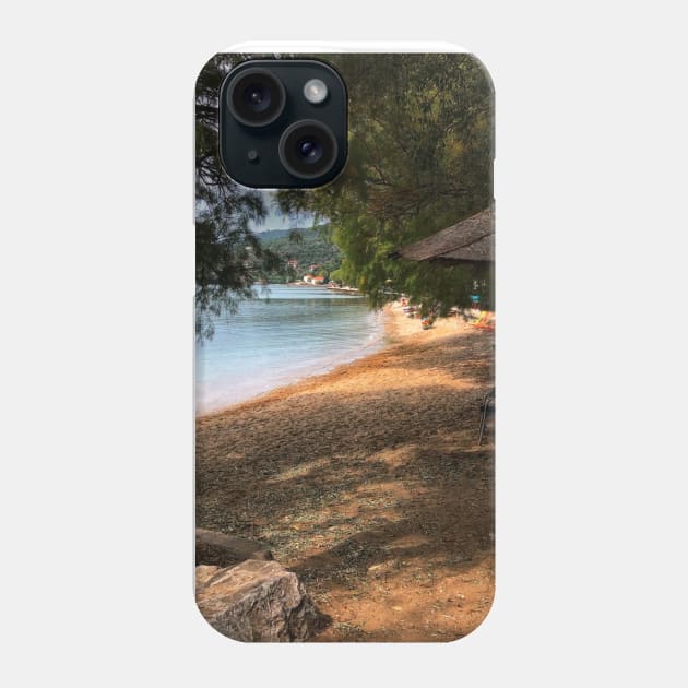 Scenic view on Mediterranean sea from beach cafe under fir trees and tiki bar Phone Case by Khala