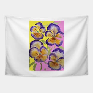 Viola Watercolor Purple Floral Pattern on Yellow and Pink Tapestry