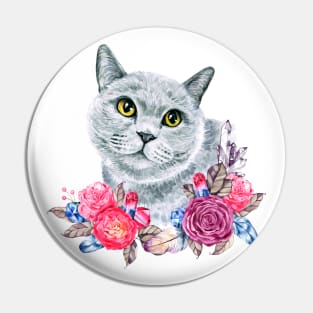 Cute Russian Blue Cat with Roses Watercolor Art Pin