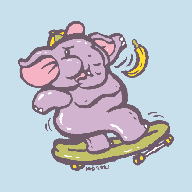 Asian purple elephant playing surf skate with banana by nokhookdesign